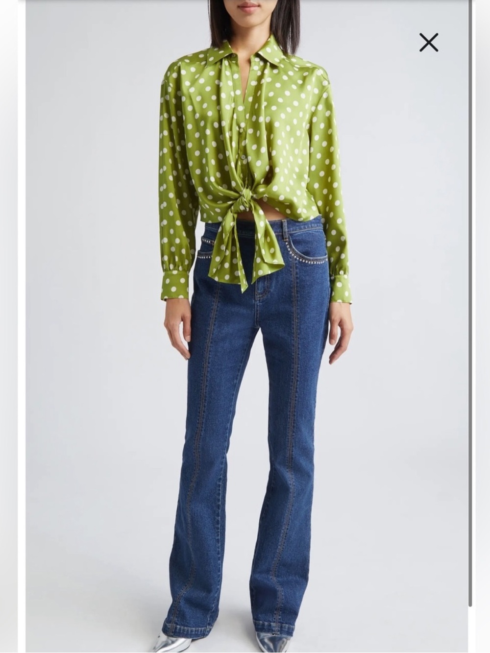 NWT Cinq a Sept PICKLE/IVORY CAMILLE POLKA DOT MARIANNA TIE FRONT BLOUSE Size XS